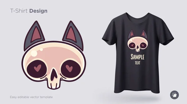 Schedel Met Cat Oren Shirt Design Afdrukken Voor Kleding Posters — Stockvector