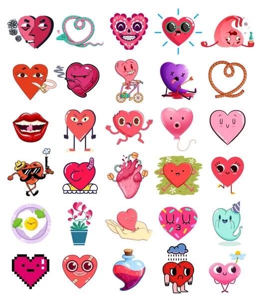 Colección Pegatinas Carácter Corazón Lindo Insignias Ilustración Vectorial — Vector de stock