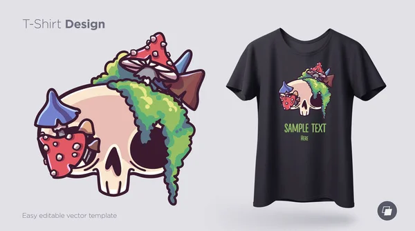 Koponyát Benőtt Moss Shirt Design Nyomtatási Ruhák Plakátok Ajándéktárgyak Vektoros — Stock Vector