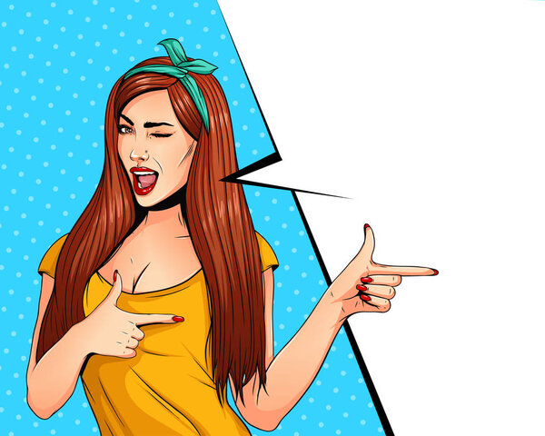 Pop Art Vintage advertising poster comic girl with speech bubble. Pretty girl pointing to the side Vector Illustration