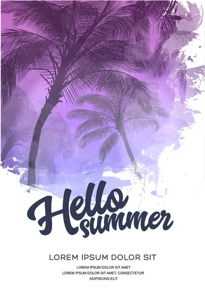 Siluetleri yaz parti poster veya el ilanı tasarım şablonu ile palmiye ağaçları. Modern tarz. Vektör çizim