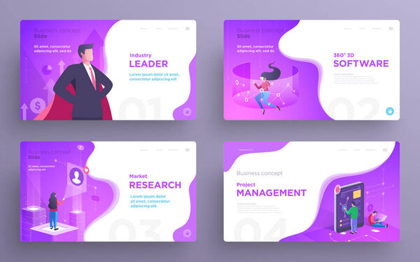 Presentation slide templates or hero banner images for websites, or apps. Business concept illustrations. Modern flat style. Vector