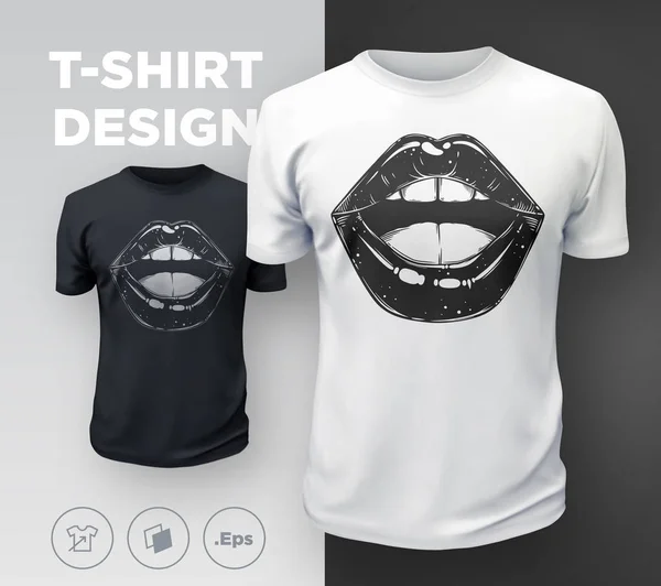 Frauenlippen Shirt Print Der Sexy Mund Des Schwarzen Und Weißen — Stockvektor
