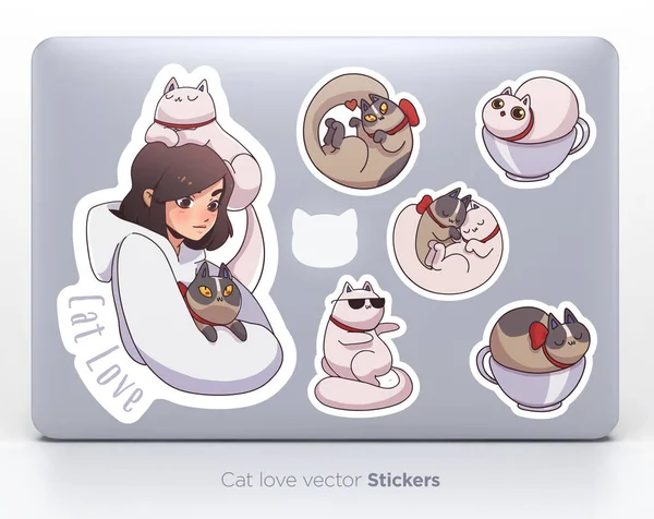 Sticker Set Avec Fille Mignonne Chats Illustration Vectorielle — Image vectorielle