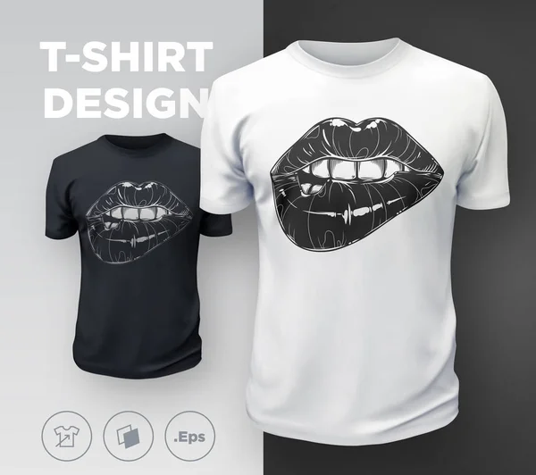 Los Labios Mujer Estampados Camiseta Negro Blanco Chica Sexy Boca — Vector de stock