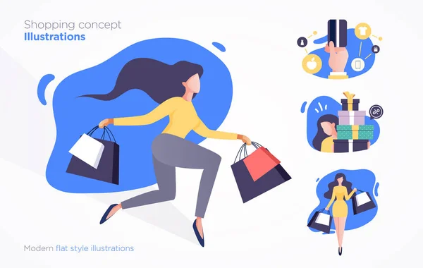 Conjunto Ilustraciones Del Concepto Compras Vector Estilo Plano Moderno — Vector de stock