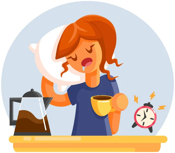 卡通累了昏昏欲睡的打哈欠的女人与一杯咖啡 平的样式向量例证 — 图库矢量图片