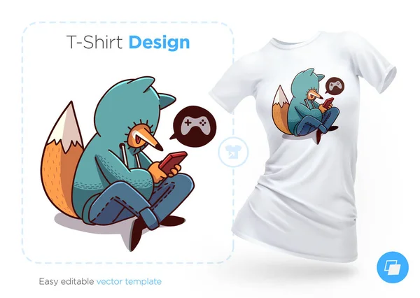 Αλεπού Στο Hoodie Παίζοντας Κινητό Παιχνίδι Σχεδιασμό Shirt Εκτυπώστε Για — Διανυσματικό Αρχείο