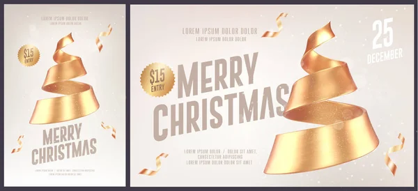 Christmas Card Flyer Poster Template Golden Christmas Tree Made Ribbon — Stock Vector