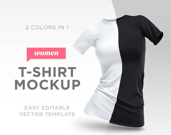 現実的なテンプレートの空白の白と黒の女性の シャツの綿の服 空のベクトルを模擬図 — ストックベクタ