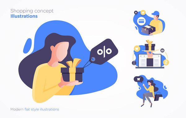 Набор иллюстраций концепции шопинга. Современный вектор плоского стиля
