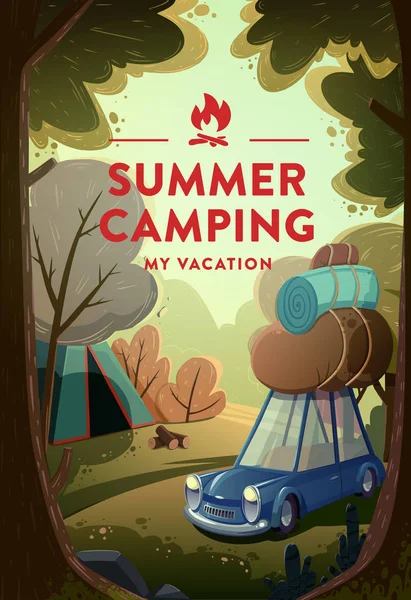 Cartel Viajes Turismo Paisaje Natural Con Campamento Vacaciones Bosque Vector — Archivo Imágenes Vectoriales