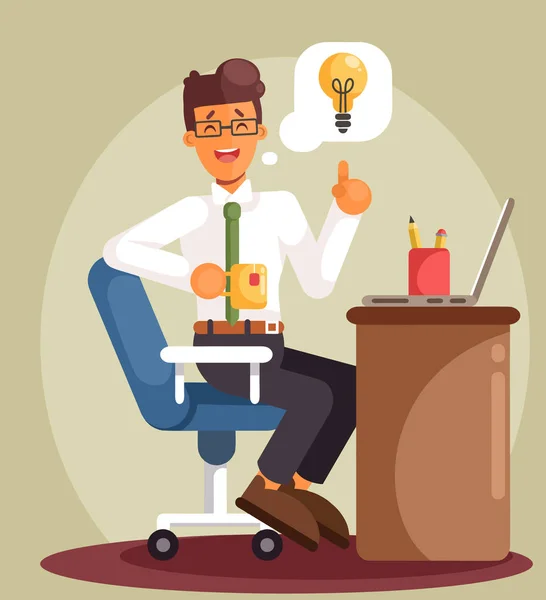 Businessman Working Computer Waiting Good Idea Cartoon Flat Style Vector — Stock Vector