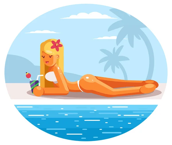 Beautiful Young Woman Lying Swimming Pool Sunbathing Cocktail Drink Flat — Stock Vector