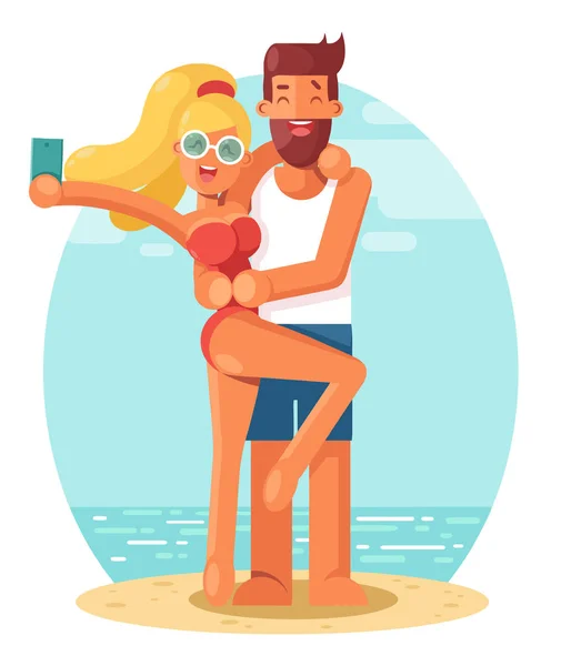 Young Couple Taking Selfie Photo Mobile Phone Camera Beach Modern — Stock Vector