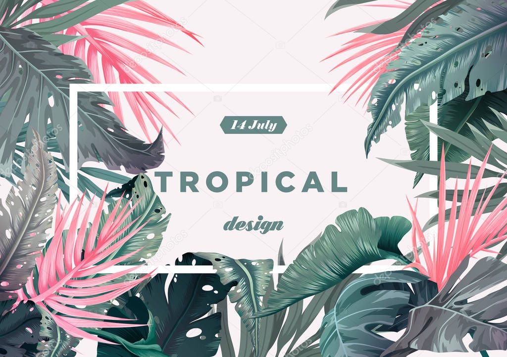 Bright tropical background with jungle plants. Exotic pattern with palm leaves. Vector illustration