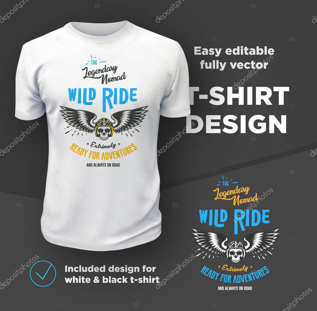 Vintage American bikers club print vector design isolated on white t-shirt mockup.
