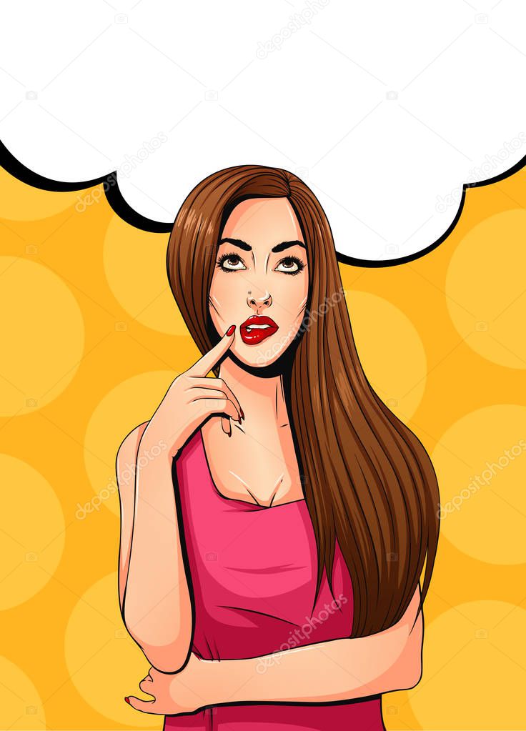 Pop Art Vintage advertising poster comic girl with speech bubble. Confused thinking pretty girl. Vector Illustration