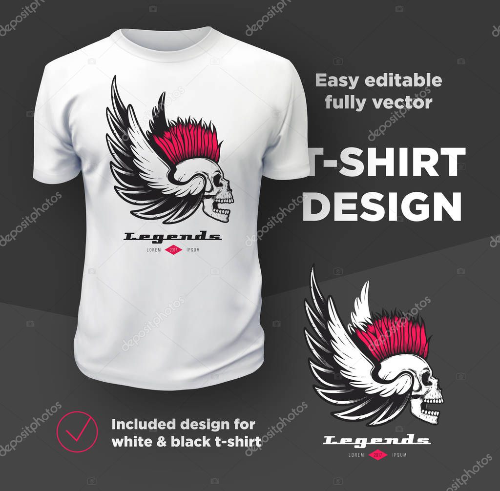 Vintage American bikers club print vector design isolated on white t-shirt mockup.