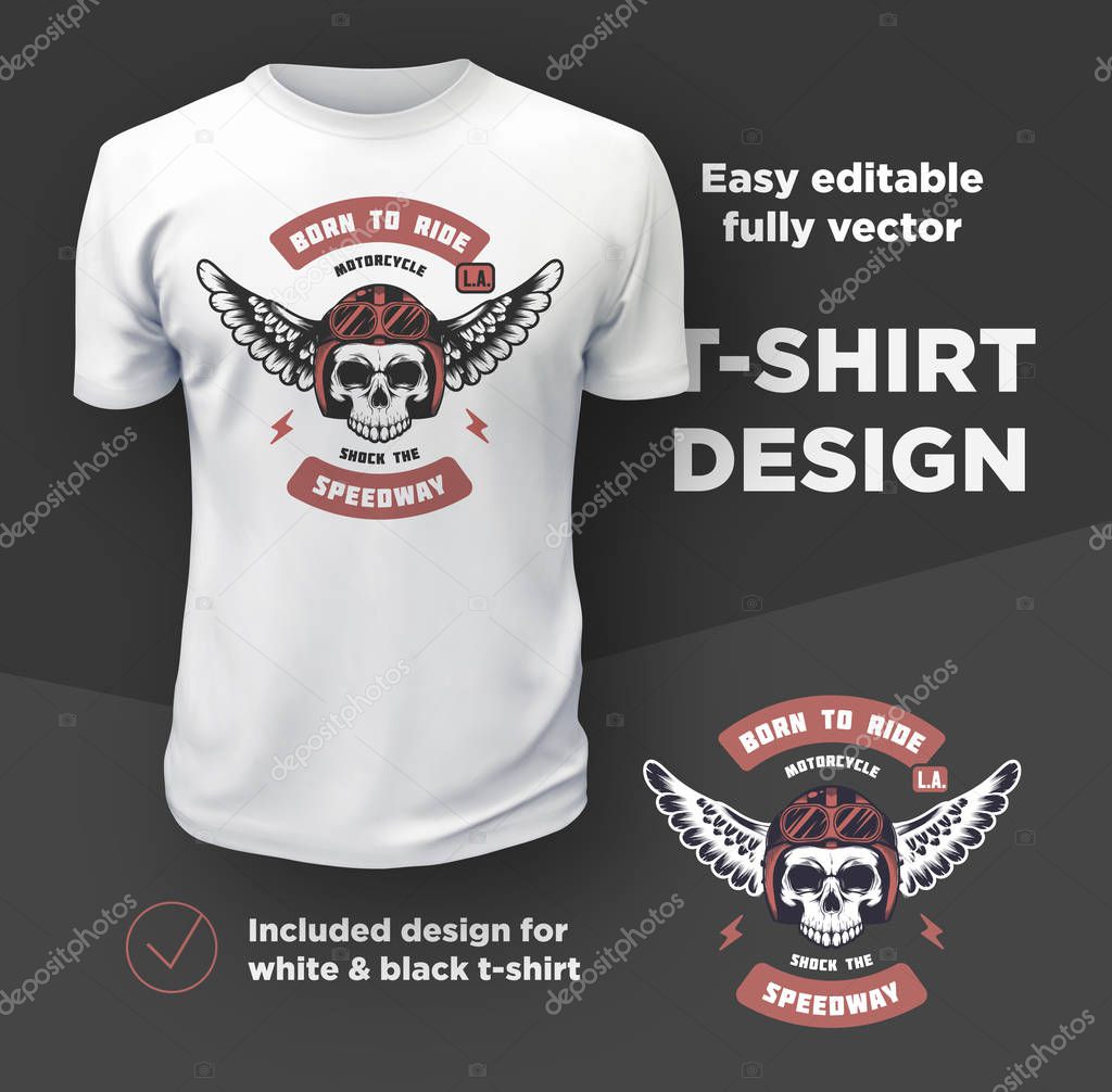 Vintage American bikers club print vector design isolated on white t-shirt mockup.