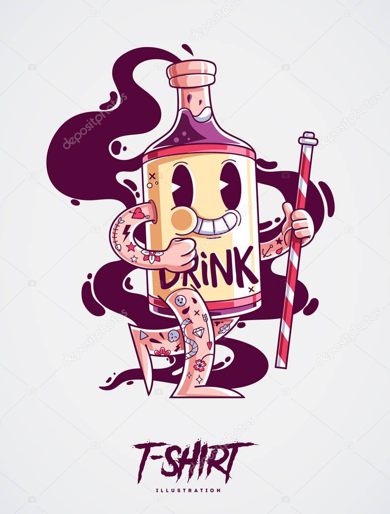 Happy bottle of alcohol. Hipster drawing for bar, pub, poster or t-shirt. Vector Illustration