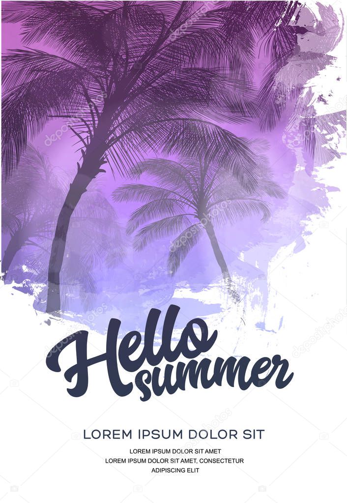 Summer party poster or flyer design template with palm trees silhouettes. Modern style. Vector illustration