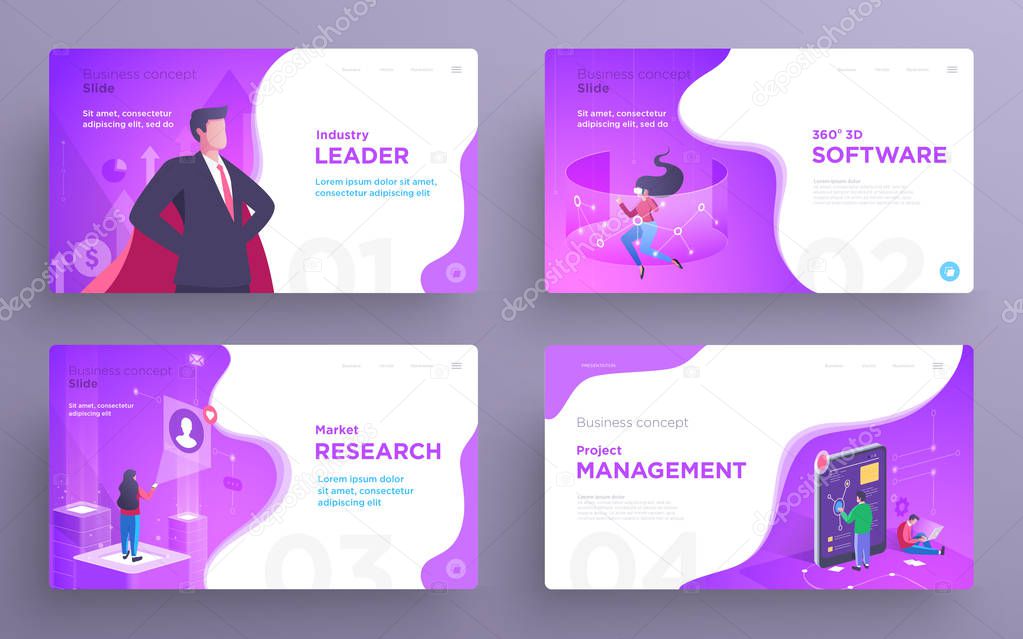 Presentation slide templates or hero banner images for websites, or apps. Business concept illustrations. Modern flat style. Vector