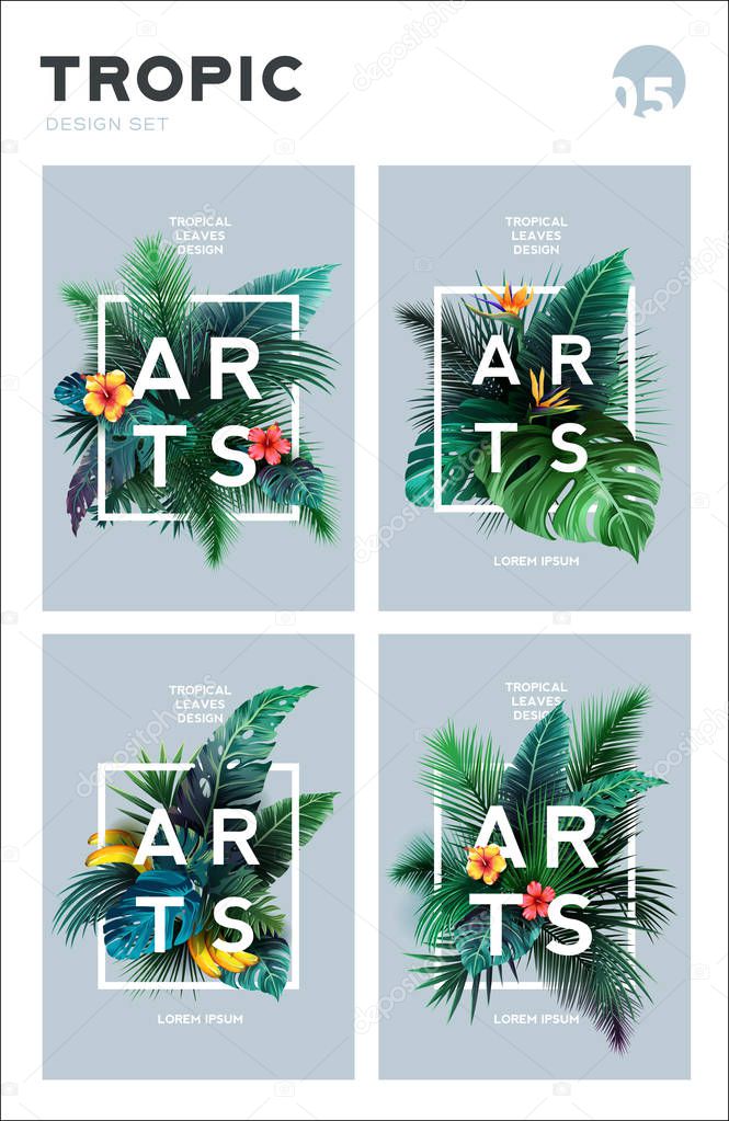 Set of Bright tropical background with jungle plants. Exotic pattern with tropical leaves. Vector illustration