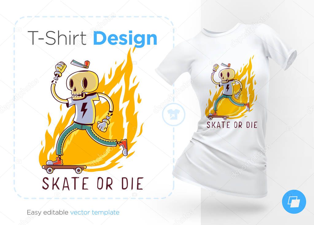 Skeleton skater against a fire. Prints on T-shirts, sweatshirts, cases for mobile phones, souvenirs. Isolated vector illustration on white background.