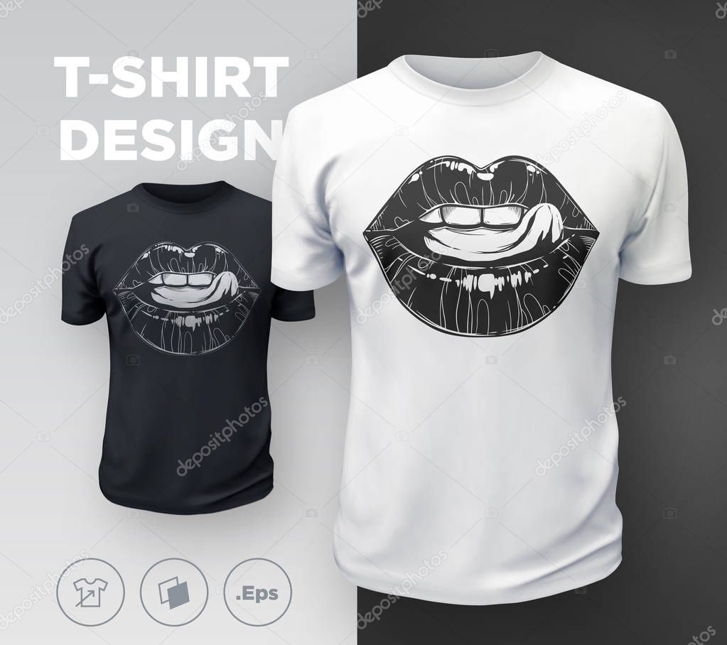 Woman's lips t-shirt print. Black and white girl's sexy mouth close up. Vector illustration
