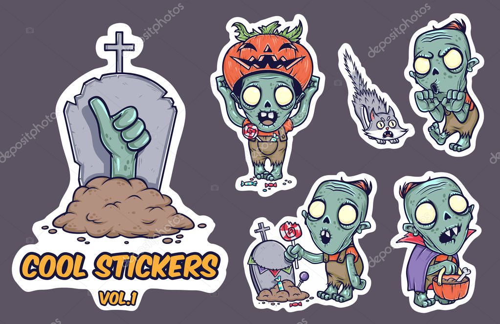 Halloween set of stickers with zombie. Vector illustration