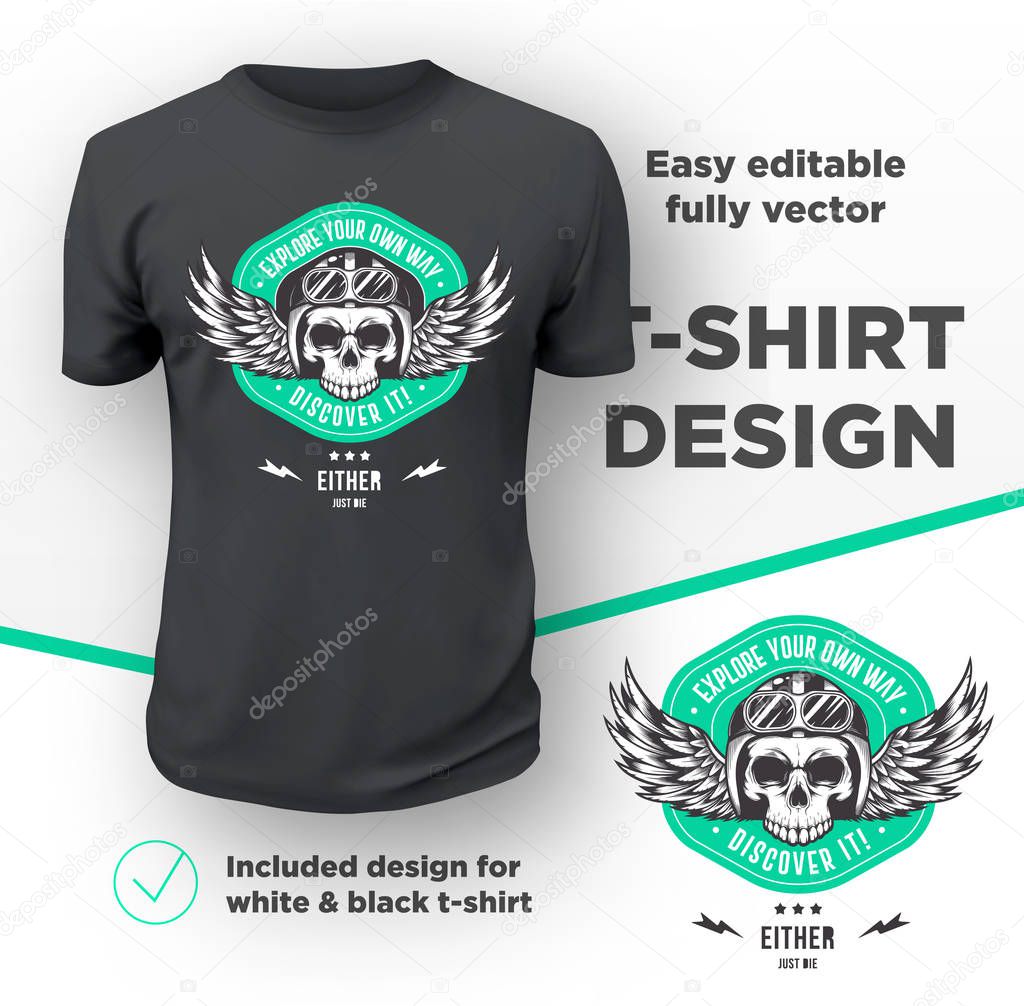 Vintage American bikers club print vector design isolated on black t-shirt mockup.