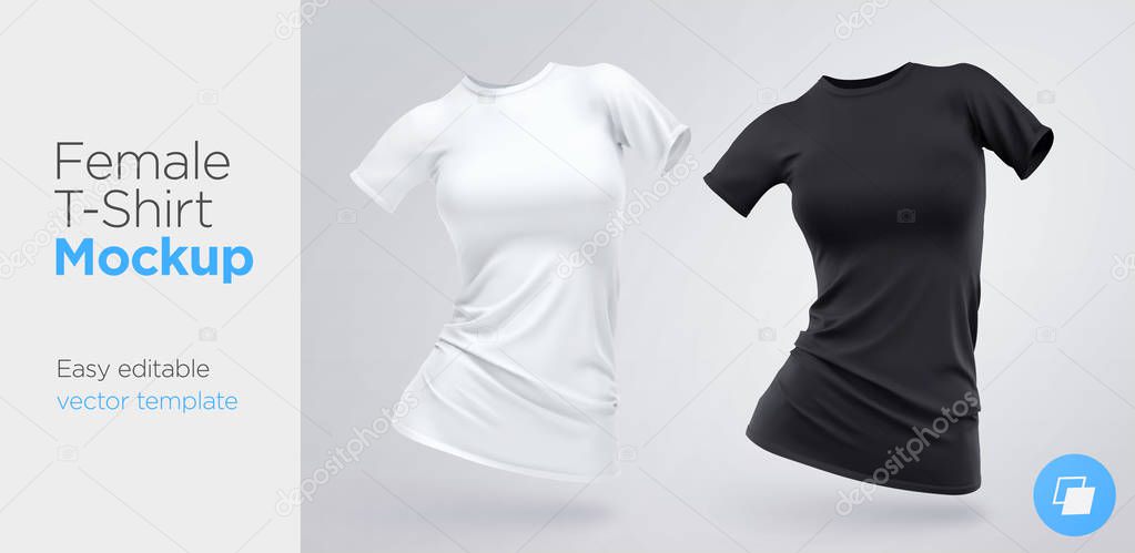 Realistic Template Blank White and Black Woman T-shirt Cotton Clothing. Empty Mock Up. Vector illustration