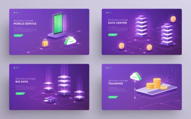 Slaytları, kahraman sayfaları veya dijital teknoloji afiş kümesi. Veri koruma, veri depolama, sunucu odası, çevrimiçi bankacılık web barındırma bulut. İzometrik ultraviyole vektör çizimler