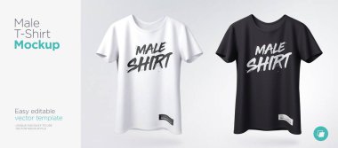 Erkek t-shirt kısa kollu mockup ile beyaz ve siyah. Önden Görünüm. Vektör şablonu.