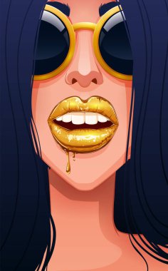 Seksi kadının yüzüne gözlük, altın lipgloss damlama ile dudakları Close-up. Vektör çizim