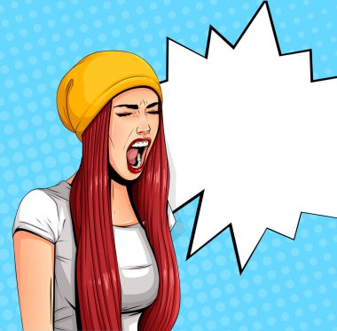 Pop Art Vintage poster konuşma balonu komik kız. İlan, bağırarak veya bağırmayı güzel kız. Vektör çizim