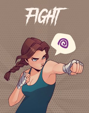 Poster, card or t-shirt print with angry boxing girl with boxing bandages. Trendy anime style vector illustration clipart
