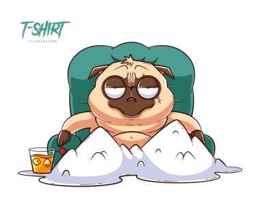 Pug life. Print on T-shirts, sweatshirts and souvenirs. Brutal pug gangster sits in front of a mountains of white powder. Vector illustration clipart
