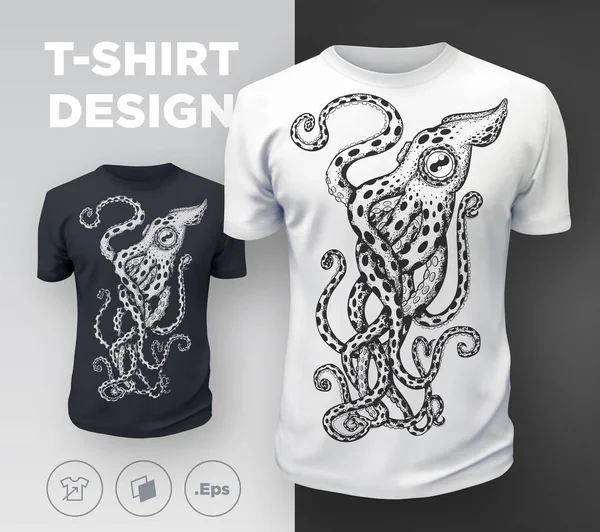 Schwarzes Modernes Shirt Print Design Mit Oktopus Vektorillustration — Stockvektor
