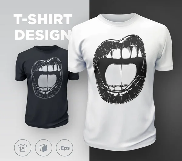 Los Labios Mujer Estampados Camiseta Negro Blanco Chica Sexy Boca — Vector de stock