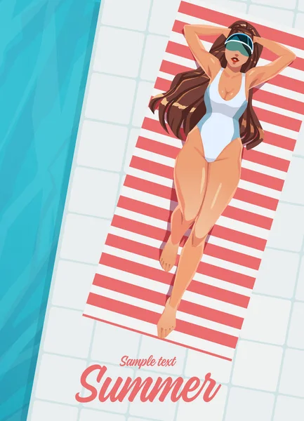 Girl Sunbathing Mat Swimming Pool Summer Vacation Concept Vector Illustration — Stock Vector