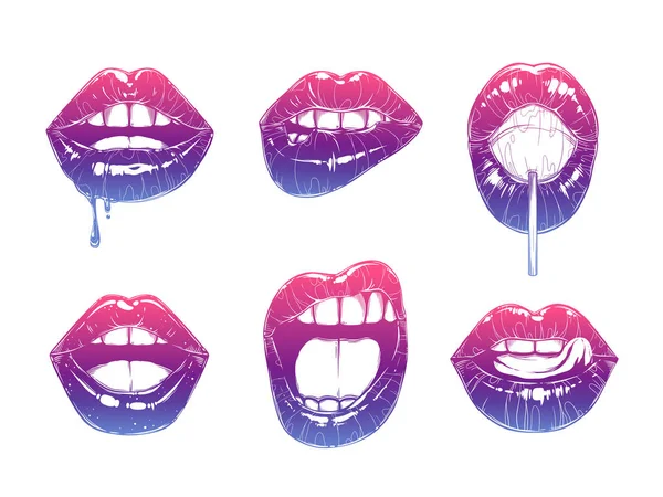 女人的嘴唇手势设置 女孩的嘴关闭不同的情绪 矢量插图 — 图库矢量图片