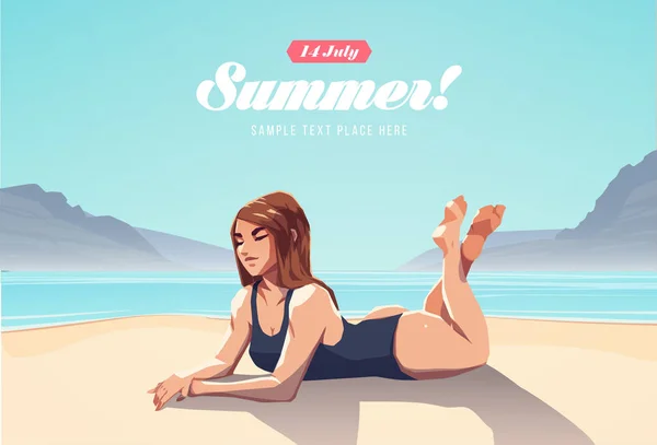 Ragazza Rilassante Sulla Spiaggia Poster Volantino Vacanze Estive Illustrazione Vettoriale — Vettoriale Stock