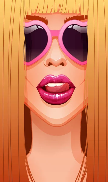 Close Wajah Wanita Pirang Seksi Berkacamata Menjilati Bibir Merah Mudanya - Stok Vektor