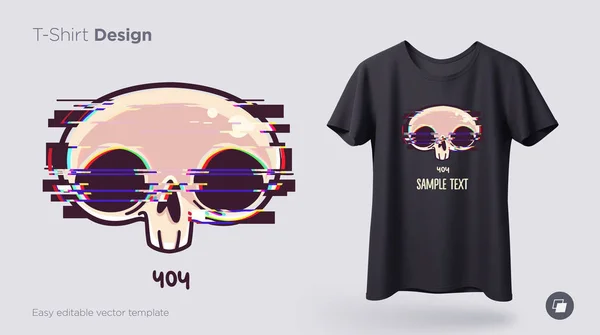 Czaszka Glitch Efekt Shirt Design Drukowanie Ubrania Plakaty Lub Pamiątki — Wektor stockowy