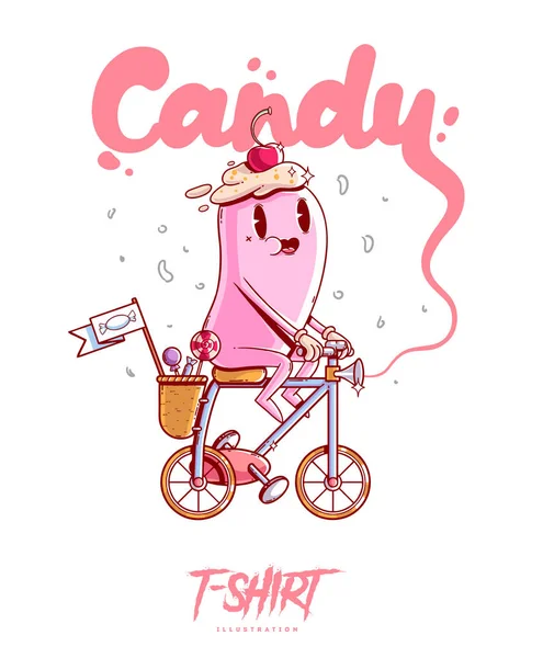 Póster Tarjeta Camiseta Con Estampado Caramelo Bicicleta Ilustración Moda Estilo — Vector de stock