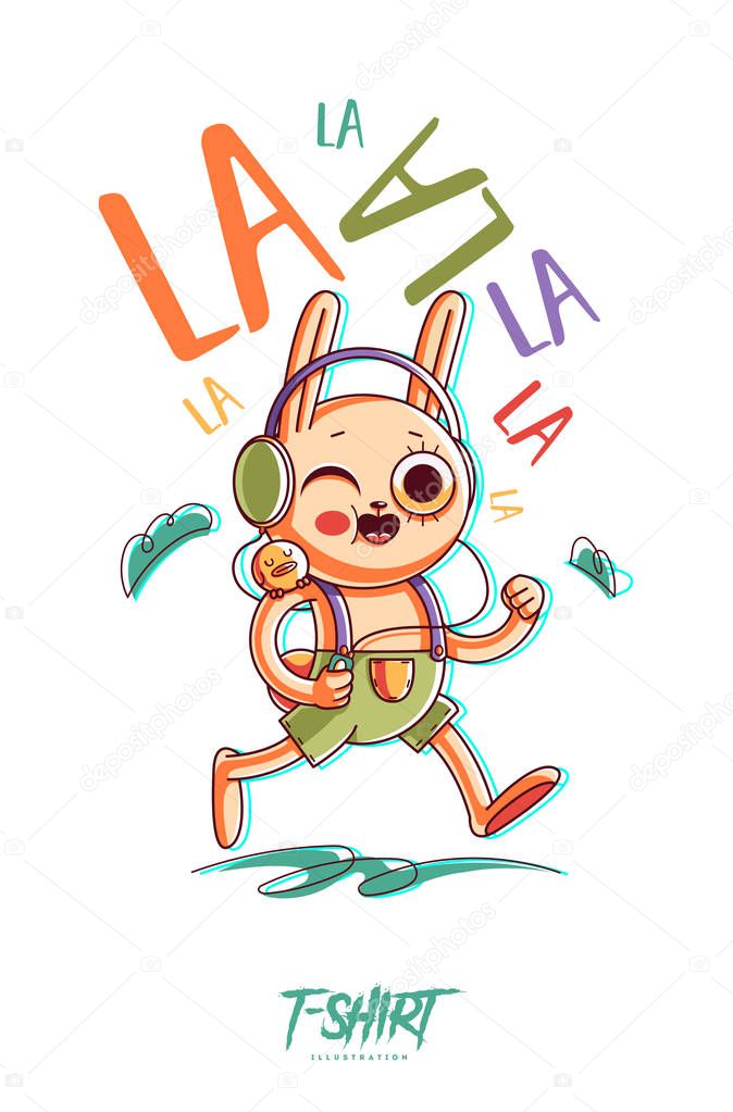Funny rabbit listening music and singing. Prints on T-shirts, sweatshirts, cases for mobile phones, souvenirs. Vector illustration.