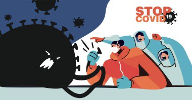 Coronavirus konseptiyle savaş. Covid-19 Corona virüsüyle savaşan bir doktorun resmi. Hastalık kampanyası posteri. Vektör