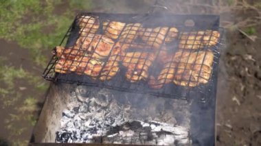 Bir yaz günü açık bir yangın Kebap yemek